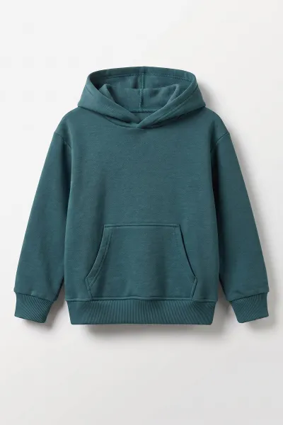 Zümrüt Yeşili (5-12 Yaş) Baskısız Kapüşonlu 3 İp Şardonlu Erkek Çocuk Sweatshirt 481757