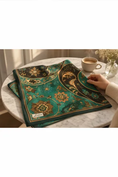 Zümrüt Yeşili 90x90 Cm Dijital Baskılı Heritage Desen Soft Eşarp 498570