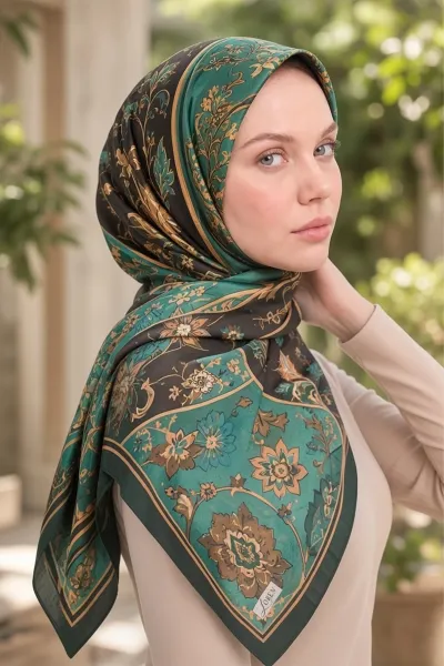 Zümrüt Yeşili 90x90 Cm Dijital Baskılı Heritage Desen Soft Eşarp 498570