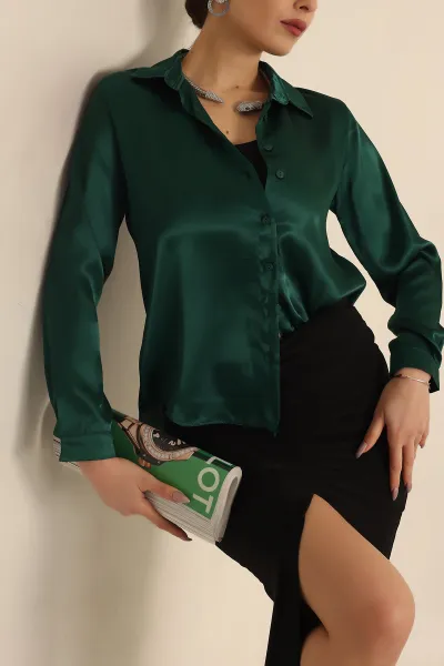 Zümrüt Yeşili Bayan Saten Gömlek 238505