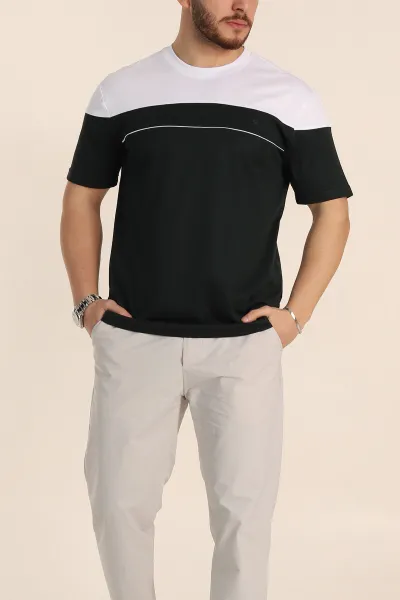 Zümrüt Yeşili Beyaz Çift Renk Regular Fit Jakarlı Erkek Tişört 346243