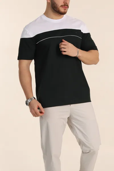 Zümrüt Yeşili Beyaz Çift Renk Regular Fit Jakarlı Erkek Tişört 346243