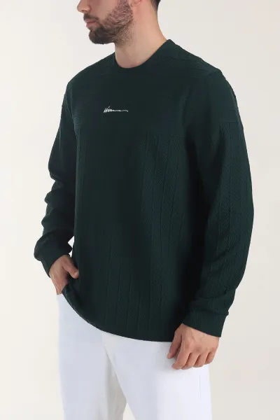 Zümrüt Yeşili Bisiklet Yaka Dokulu Nakış Detaylı Erkek Sweatshirt 406944