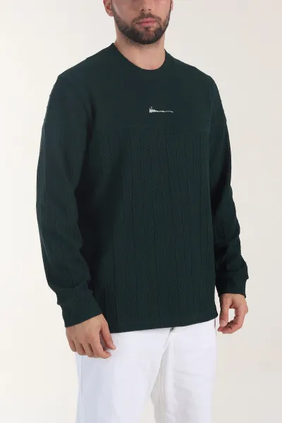 Zümrüt Yeşili Bisiklet Yaka Dokulu Nakış Detaylı Erkek Sweatshirt 406944