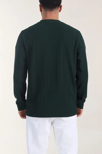 Zümrüt Yeşili Bisiklet Yaka Dokulu Nakış Detaylı Erkek Sweatshirt 406944