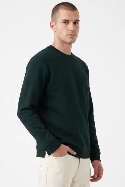 Zümrüt Yeşili Bisiklet Yaka Kabartma Detaylı Erkek Sweatshirt 482801