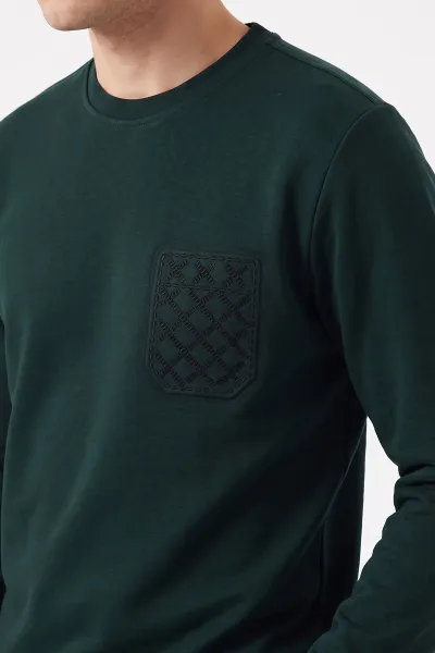 Zümrüt Yeşili Bisiklet Yaka Kabartma Detaylı Erkek Sweatshirt 482801