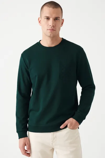 Zümrüt Yeşili Bisiklet Yaka Kabartma Detaylı Erkek Sweatshirt 482801