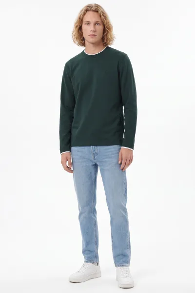 Zümrüt Yeşili Bisiklet Yaka Nakış Detay Erkek Sweatshirt 492006