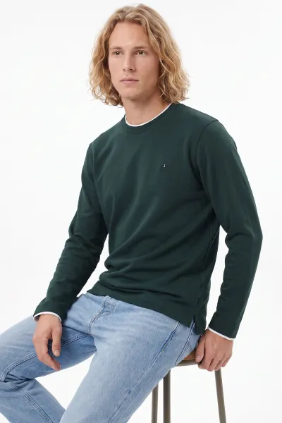 Zümrüt Yeşili Bisiklet Yaka Nakış Detay Erkek Sweatshirt 492006