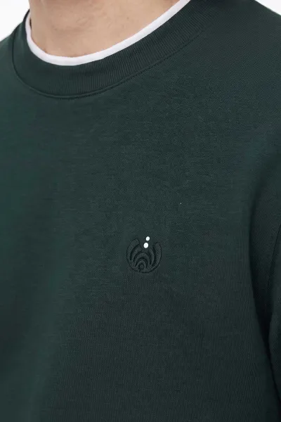 Zümrüt Yeşili Bisiklet Yaka Nakış Detay Erkek Sweatshirt 492006