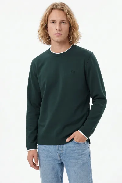 Zümrüt Yeşili Bisiklet Yaka Nakış Detay Erkek Sweatshirt 492006