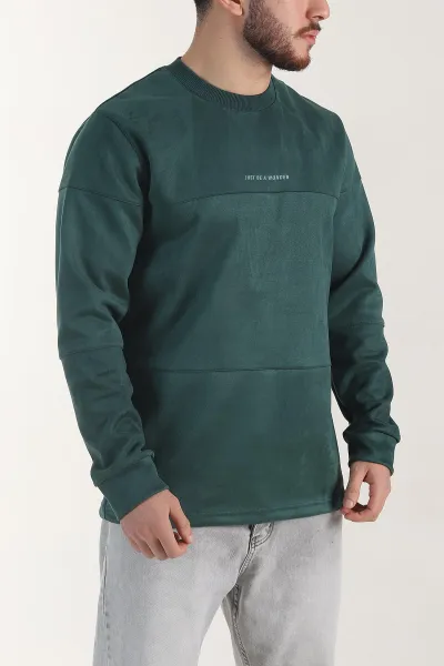 Zümrüt Yeşili Bisiklet Yaka Yazı Detaylı Erkek Sweatshirt 404791