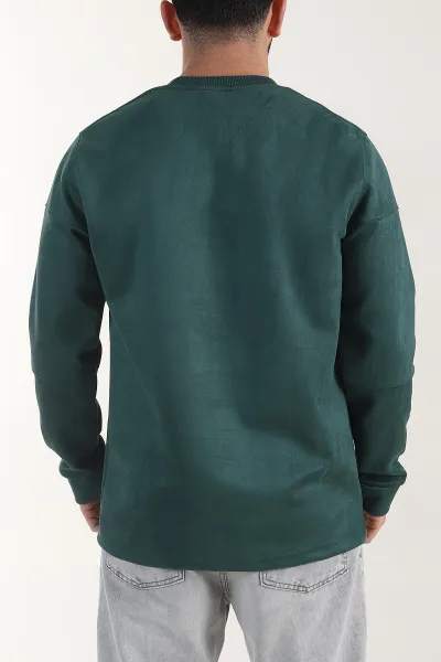 Zümrüt Yeşili Bisiklet Yaka Yazı Detaylı Erkek Sweatshirt 404791