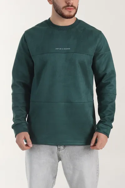Zümrüt Yeşili Bisiklet Yaka Yazı Detaylı Erkek Sweatshirt 404791