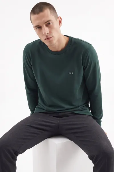 Zümrüt Yeşili Bisiklet Yaka Yazı Detaylı Erkek Sweatshirt 492041