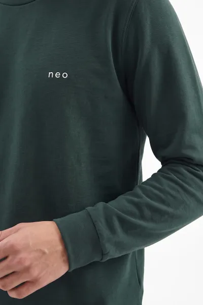 Zümrüt Yeşili Bisiklet Yaka Yazı Detaylı Erkek Sweatshirt 492041