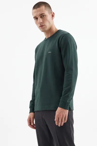 Zümrüt Yeşili Bisiklet Yaka Yazı Detaylı Erkek Sweatshirt 492041