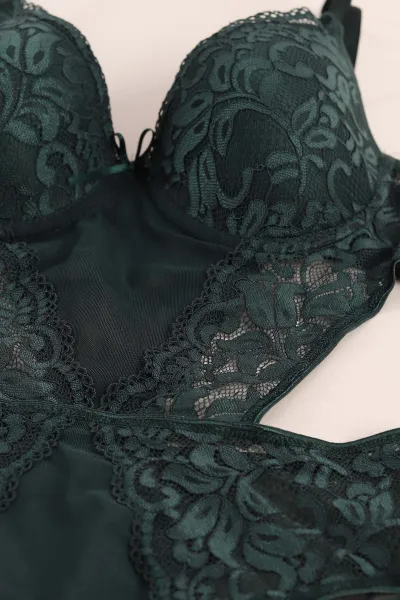 Zümrüt Yeşili Dantel İşlemeli Destekli Bodysuit 417269