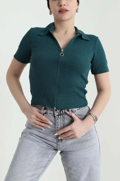 Zümrüt Yeşili Fermuarlı Ottoman Kadın Bluz 450058