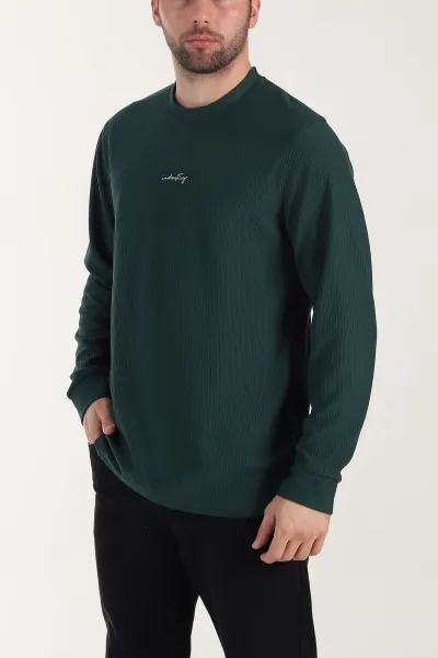 Zümrüt Yeşili Fitilli Bisiklet Yaka Yazı Detaylı Erkek Sweatshirt 408215
