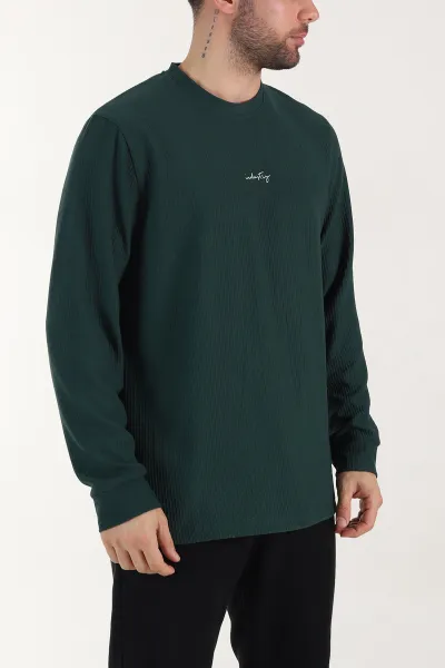 Zümrüt Yeşili Fitilli Bisiklet Yaka Yazı Detaylı Erkek Sweatshirt 408215