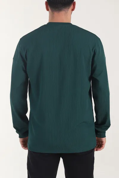 Zümrüt Yeşili Fitilli Nakışlı Bisiklet Yaka Erkek Sweatshirt 408031