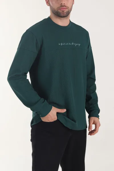 Zümrüt Yeşili Fitilli Nakışlı Bisiklet Yaka Erkek Sweatshirt 408031
