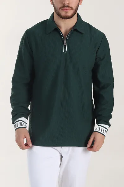 Zümrüt Yeşili Fitilli Yarım Fermuarlı Dik Yaka Erkek Sweatshirt 404807