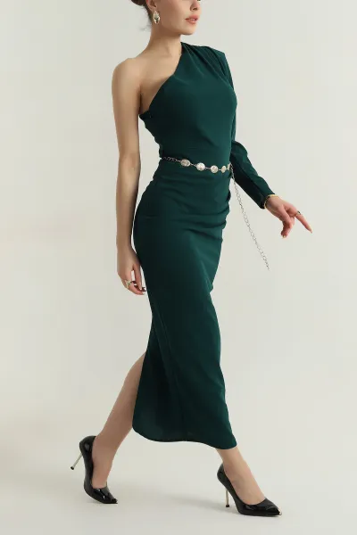 Zümrüt Yeşili Gold Kemerli Crep Kadın Abiye 406472