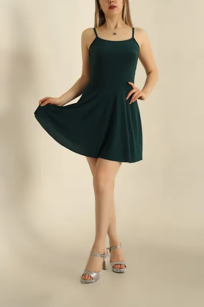 Zümrüt Yeşili İp Askılı Sandy Kumaş Elbise 266541