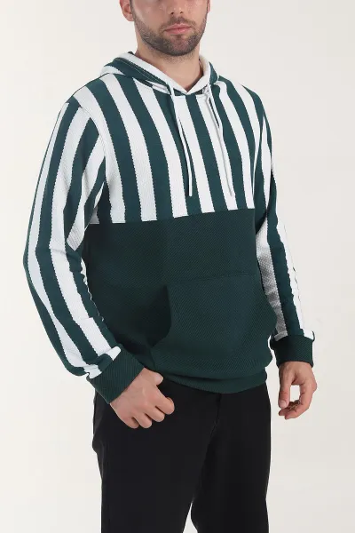 Zümrüt Yeşili Kapüşonlu Şerit Detaylı Erkek Sweatshirt 408062