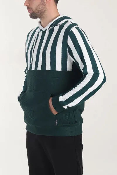 Zümrüt Yeşili Kapüşonlu Şerit Detaylı Erkek Sweatshirt 408062