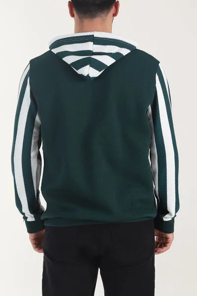 Zümrüt Yeşili Kapüşonlu Şerit Detaylı Erkek Sweatshirt 408062
