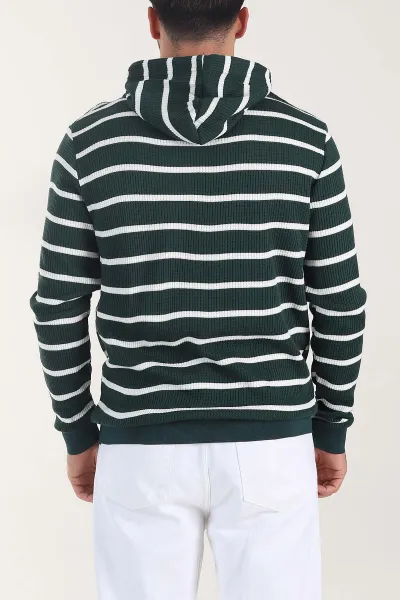 Zümrüt Yeşili Kapüşonlu Yazı Detaylı Çizgili Erkek Sweatshirt 407968