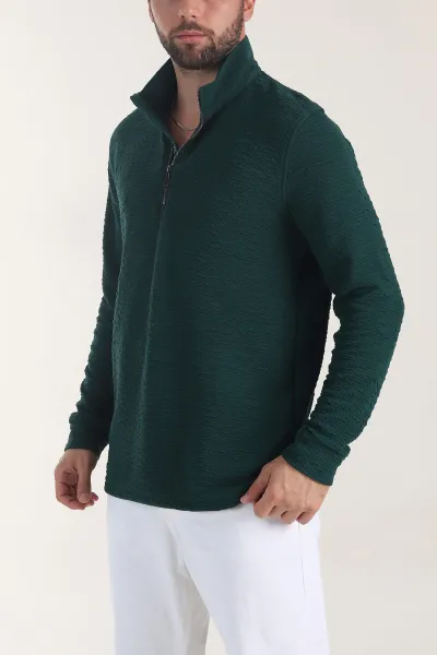 Zümrüt Yeşili Kırınkıl Kumaş Yarım Fermuarlı Erkek Sweatshirt 406822