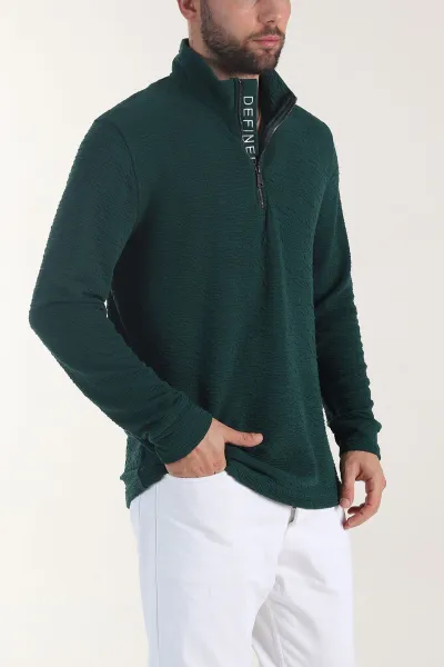 Zümrüt Yeşili Kırınkıl Kumaş Yarım Fermuarlı Erkek Sweatshirt 406822