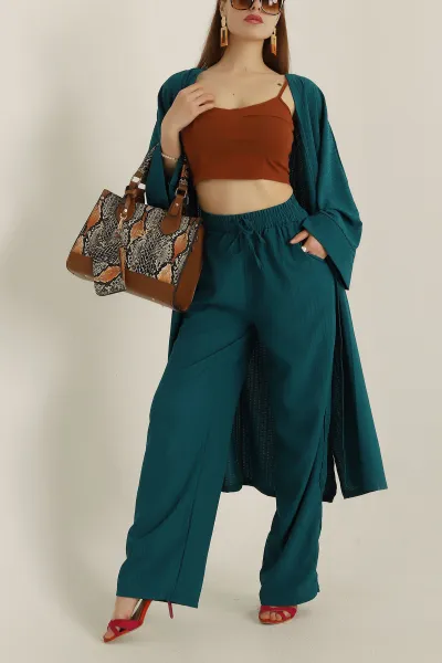 Zümrüt Yeşili Krinkıl Kimono Pantolon İkili Takım 278669