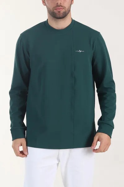 Zümrüt Yeşili Nakış Detaylı Bisiklet Yaka Erkek Sweatshirt 408005