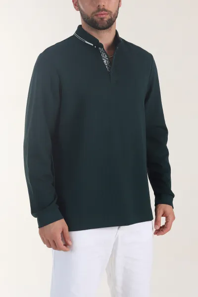 Zümrüt Yeşili Osyho Kumaş Çizgili Polo Yaka Erkek Sweatshirt 406057