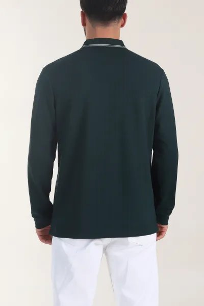 Zümrüt Yeşili Osyho Kumaş Çizgili Polo Yaka Erkek Sweatshirt 406057