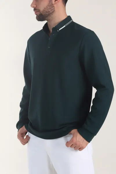 Zümrüt Yeşili Osyho Kumaş Çizgili Polo Yaka Erkek Sweatshirt 406057
