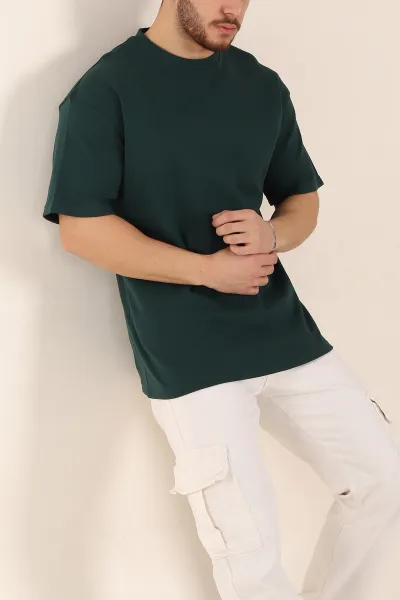 Zümrüt Yeşili Oversize Double Face Kumaş Basic Erkek Tişört 340524