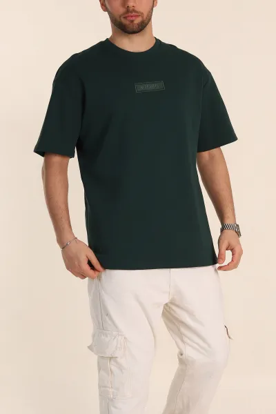 Zümrüt Yeşili Oversize Duble Kumaş Nakış Detaylı Erkek Tişört 345720
