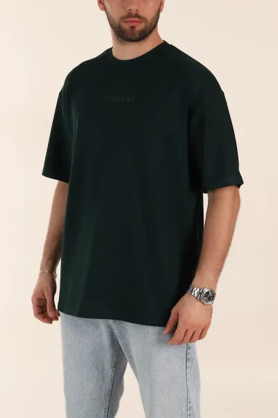 Zümrüt Yeşili Oversize Oysho Kumaş Kabartma Yazılı Erkek Tişört 365096