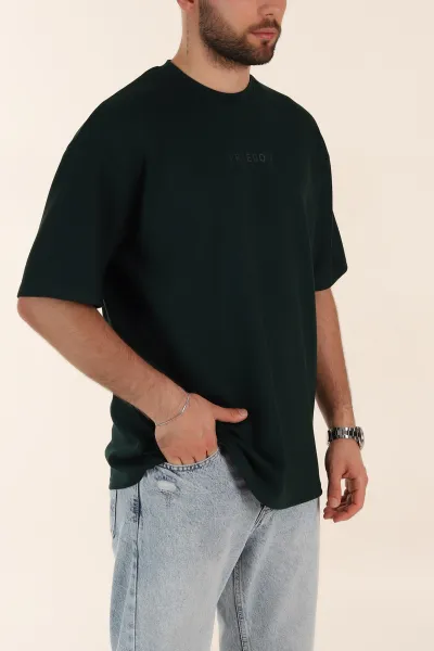 Zümrüt Yeşili Oversize Oysho Kumaş Kabartma Yazılı Erkek Tişört 365096