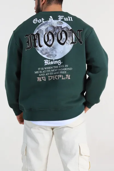 Zümrüt Yeşili Oversize Sırt Nakış Detaylı Baskılı Erkek Sweatshirt 308134