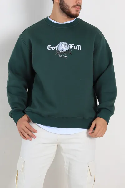 Zümrüt Yeşili Oversize Sırt Nakış Detaylı Baskılı Erkek Sweatshirt 308134