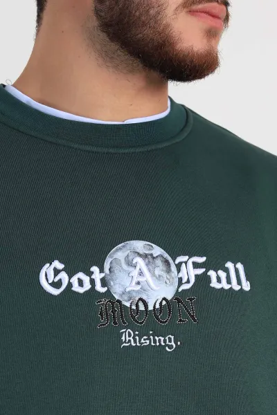 Zümrüt Yeşili Oversize Sırt Nakış Detaylı Baskılı Erkek Sweatshirt 308134