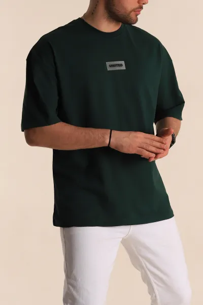Zümrüt Yeşili Oversize Suprem Kumaş Plastik Baskı Detaylı Erkek Tişört 267355